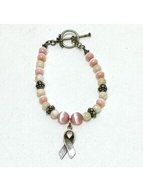 Pandora Cancer Awareness Beaded Bracelet Sterling Silver Ribbon Charm Toggle VTG
